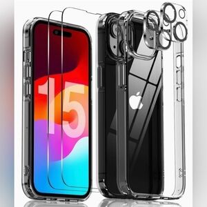 5 in 1 for iPhone 15 Case, with 2 Tempered Glass Screen Protector + 2 Camera Len